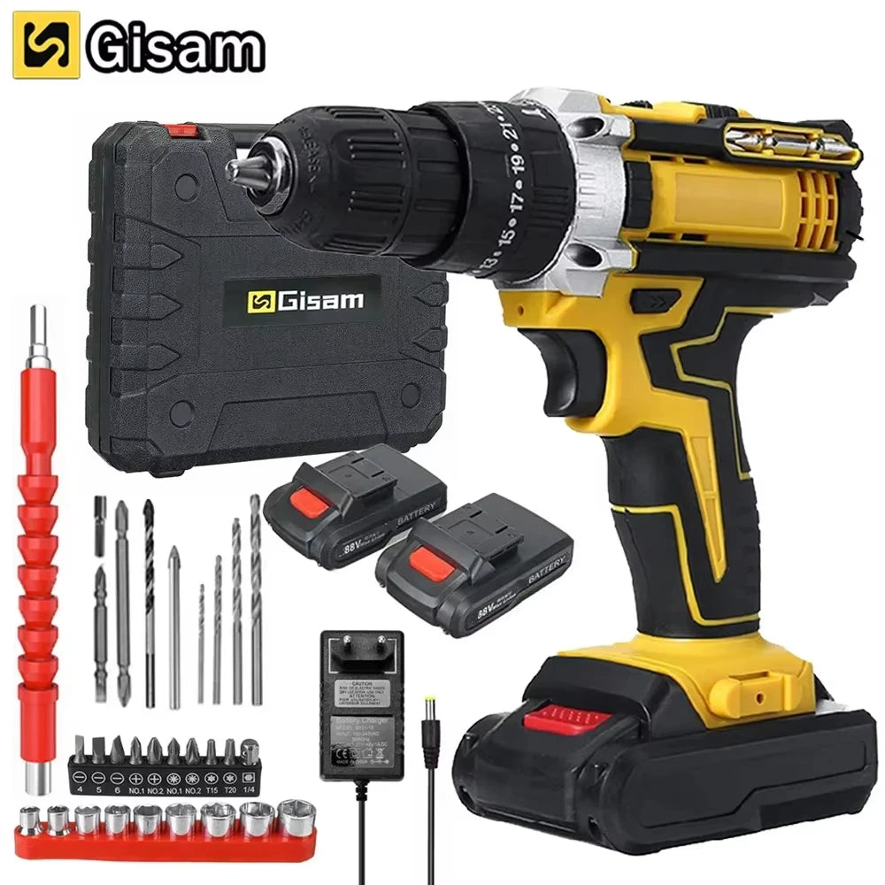 Wiredless Impact Drill Screwdriver Rechargeable Battery Cordless Hammer Drill 25+3Torque Setting Electric Screwdriver Power Tool