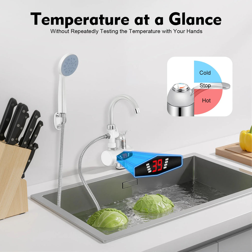 3000W Electric Hot Water Faucet, 360° Rotatable Instant Water Heater with LCD Display, Tankless Electric Tap with 3-Mode Heating for Kitchen, Bathroom, RV (IPX4 Waterproof)