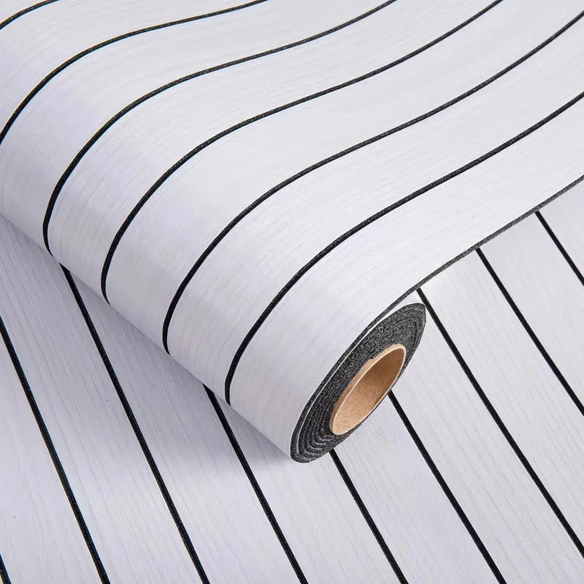 3D wall sticker roll detail with off-white woodgrain and black vertical stripes, gray edge