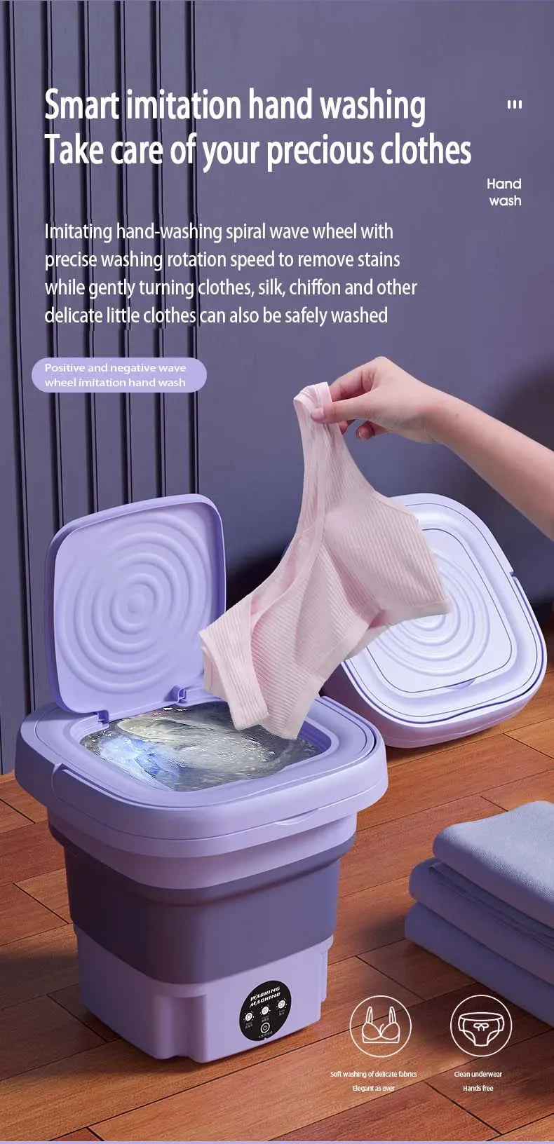 Tidesmit 8L portable foldable washing machine with spin dryer for travel apartments and baby clothes, side view