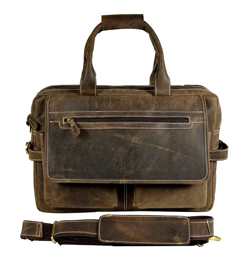 Handmade rustic brown leather messenger briefcase for men with dual front pockets, top handles, and shoulder strap.
