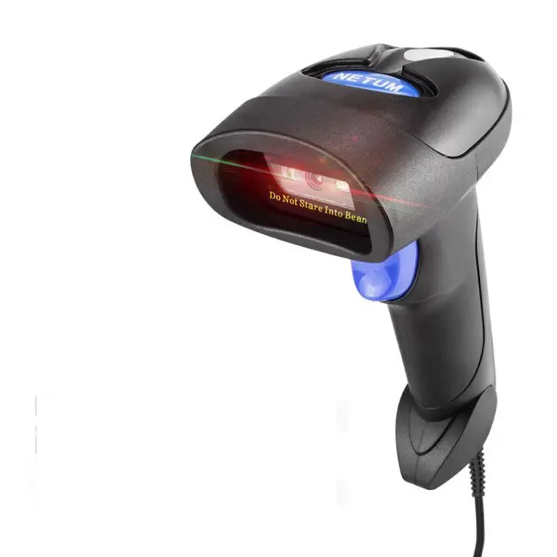 Black wired 2D barcode scanner with blue illumination and trigger light