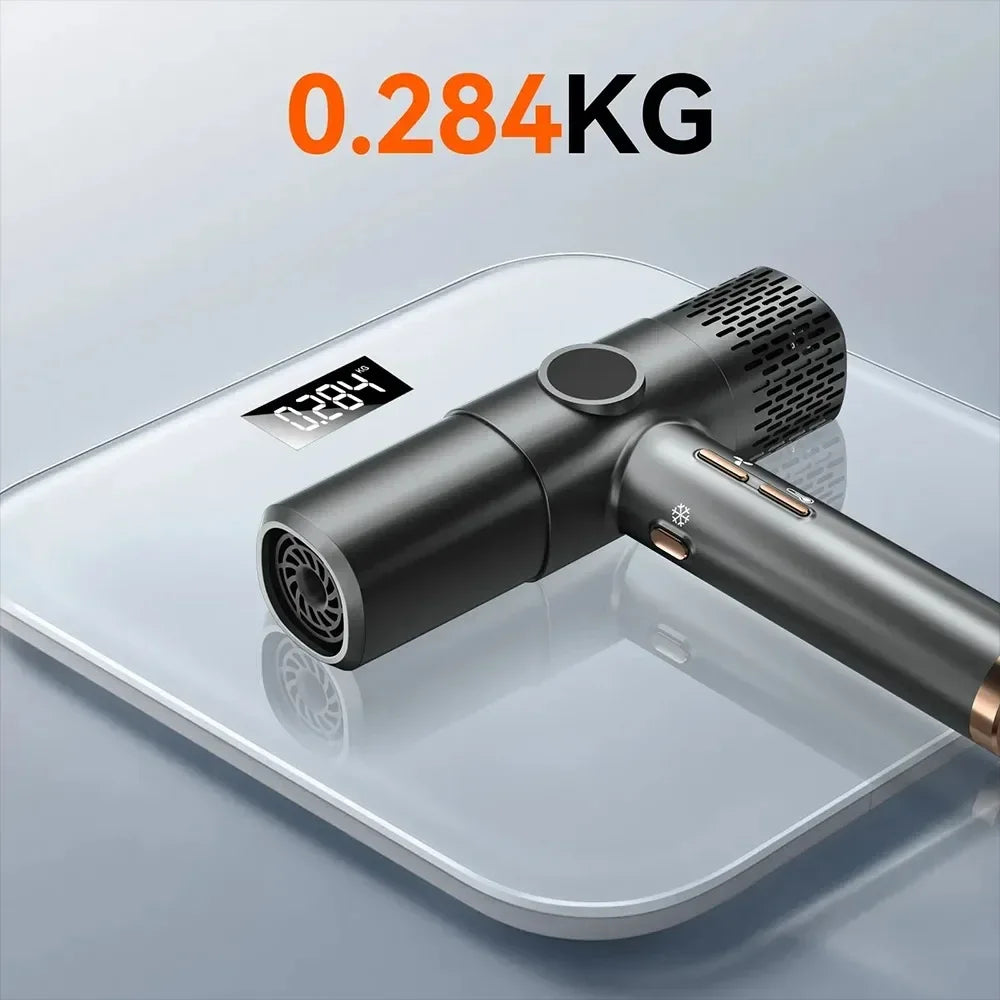 Lightweight 0.284kg high-speed ionic hair dryer in matte black, featuring a brushless motor and digital LCD display.