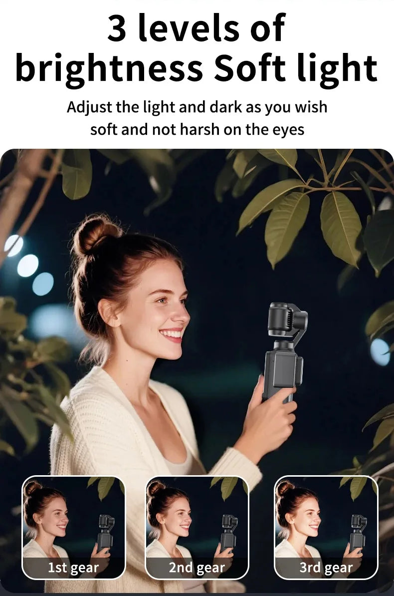 Black handheld gimbal camera featuring a built-in soft light with three adjustable brightness levels for night vlogging.