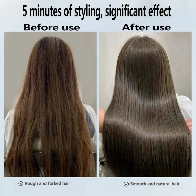 Before and after comparison of rough, frizzy hair vs. sleek, straight hair using a professional ionic hair styler.