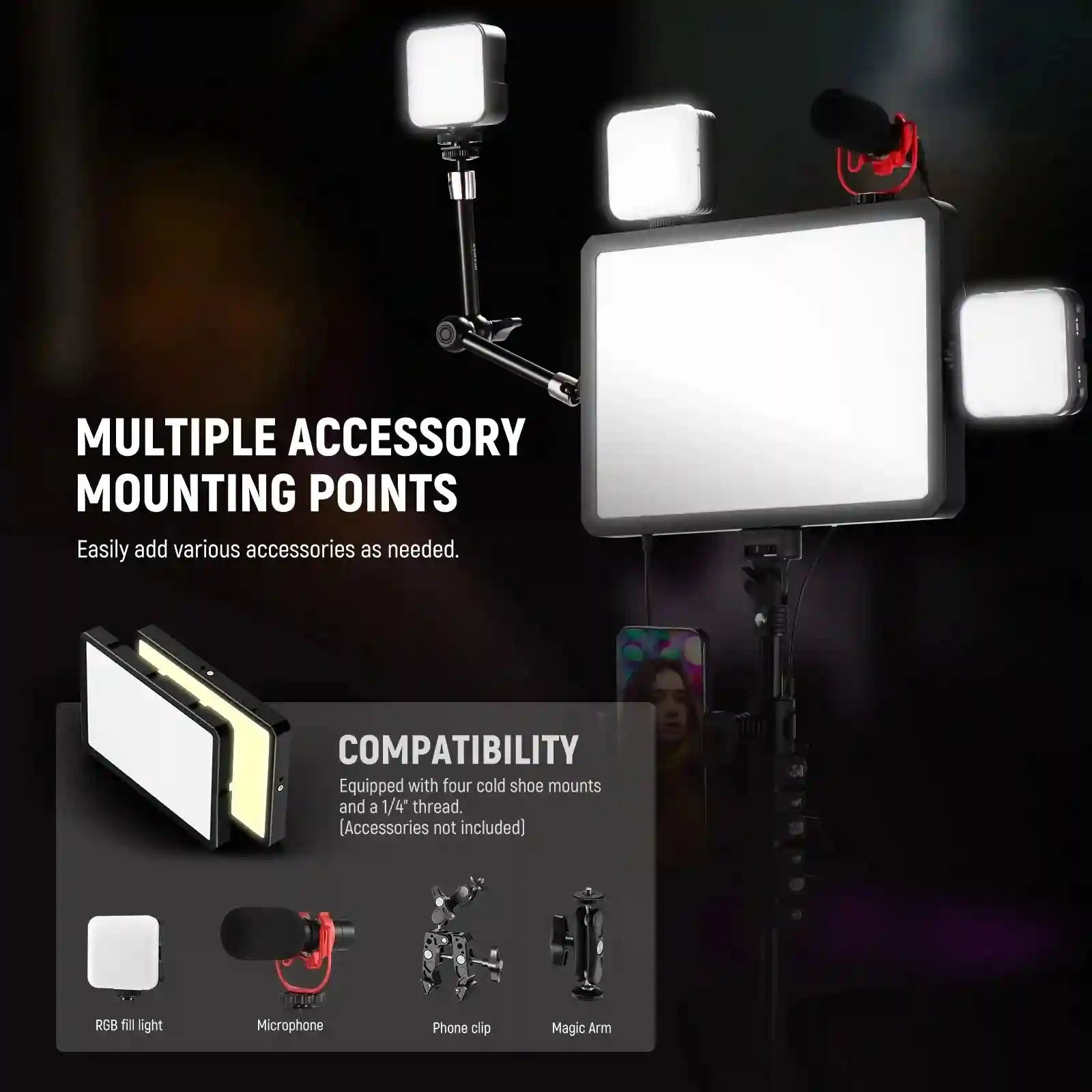 LED video light panel with multiple cold shoe mounts and 1/4" thread for attaching microphones, phones, and mini lights.