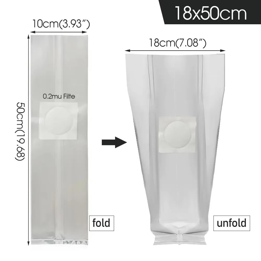 Clear mushroom grow bag for adaptogen spawn and cultivation of lion's mane, chaga, or reishi mushroom powder/extracts.
