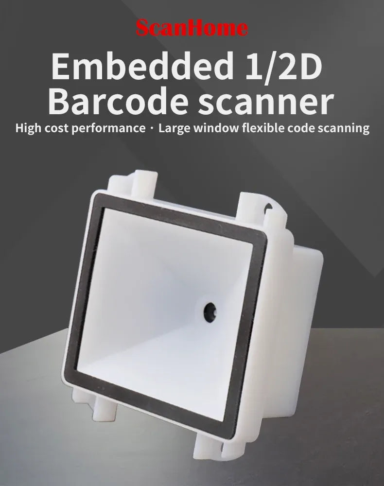Embedded 1/2D barcode scanner with large square scan window and side mounting tabs