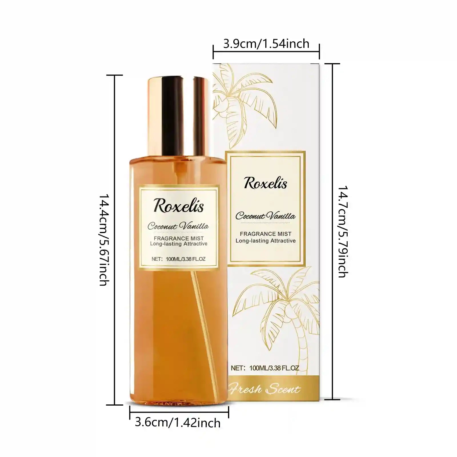 Roxelis Coconut Vanilla body mist, 100ml cylindrical bottle. Long-lasting, fresh, romantic fragrance for women.