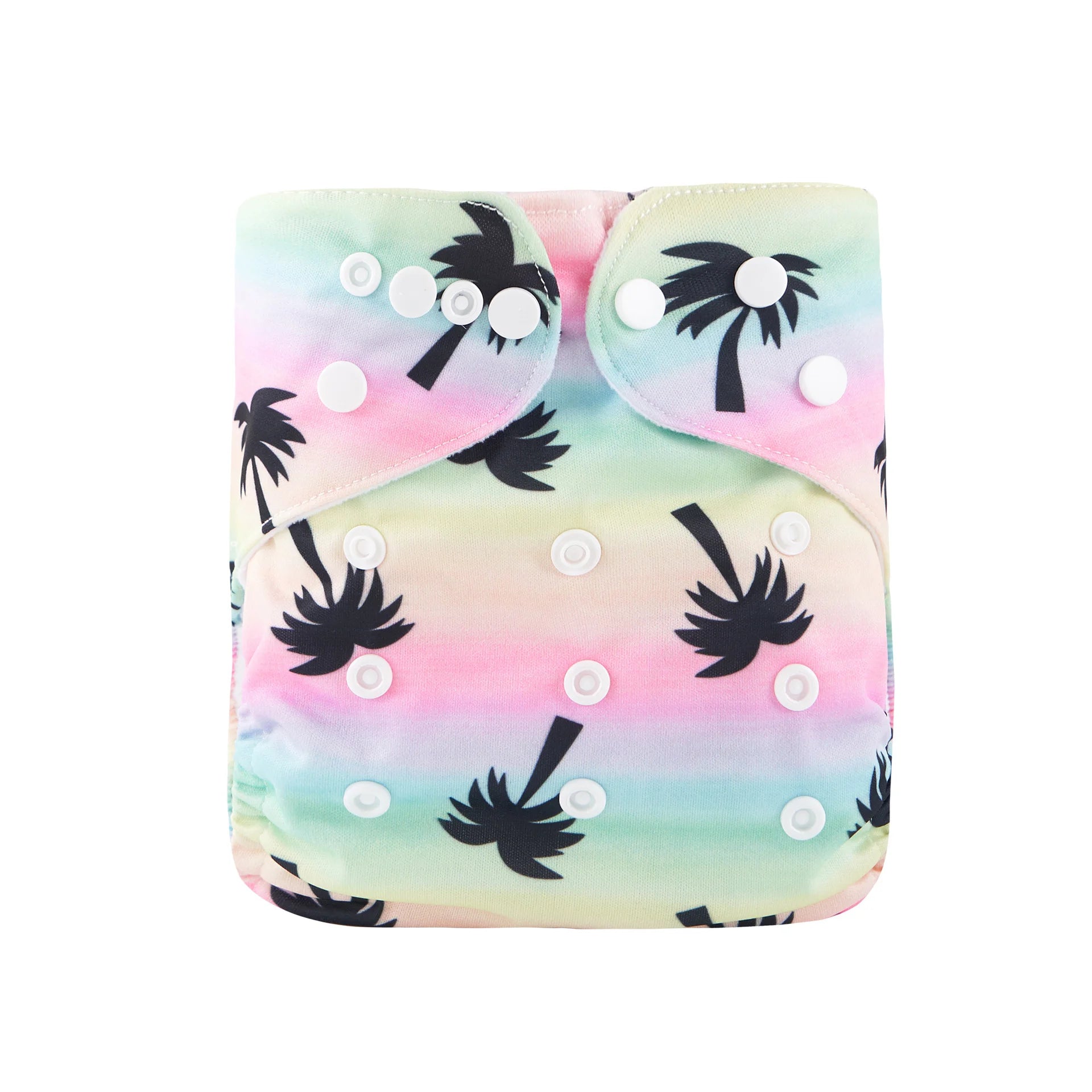 Reusable cloth baby diaper with rainbow pastel gradient and black palm tree print, adjustable snap buttons.