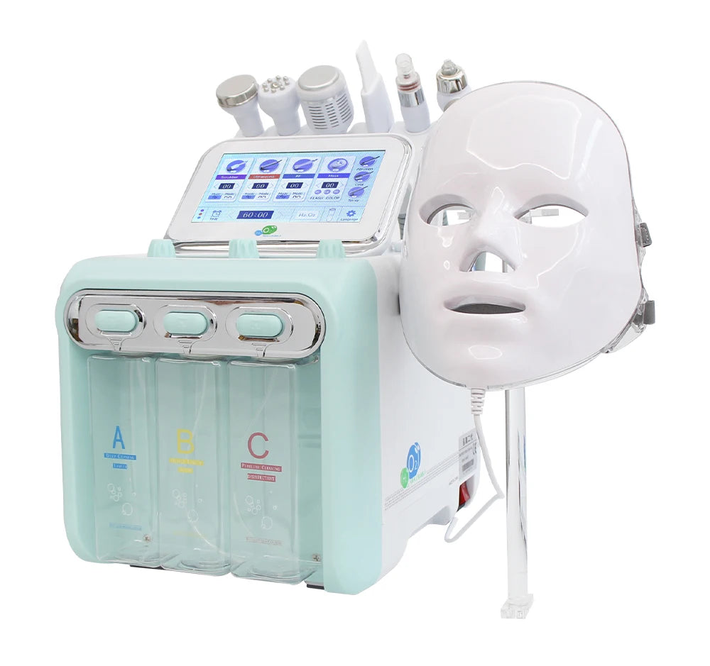 7-in-1 water dermabrasion facial machine with LED mask for deep skin cleansing, blackhead removal, and spa treatment.