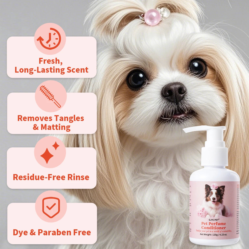 Natural pet conditioner for dogs and cats. Hydrating, detangling formula for a soft, shiny, and fresh-smelling coat.