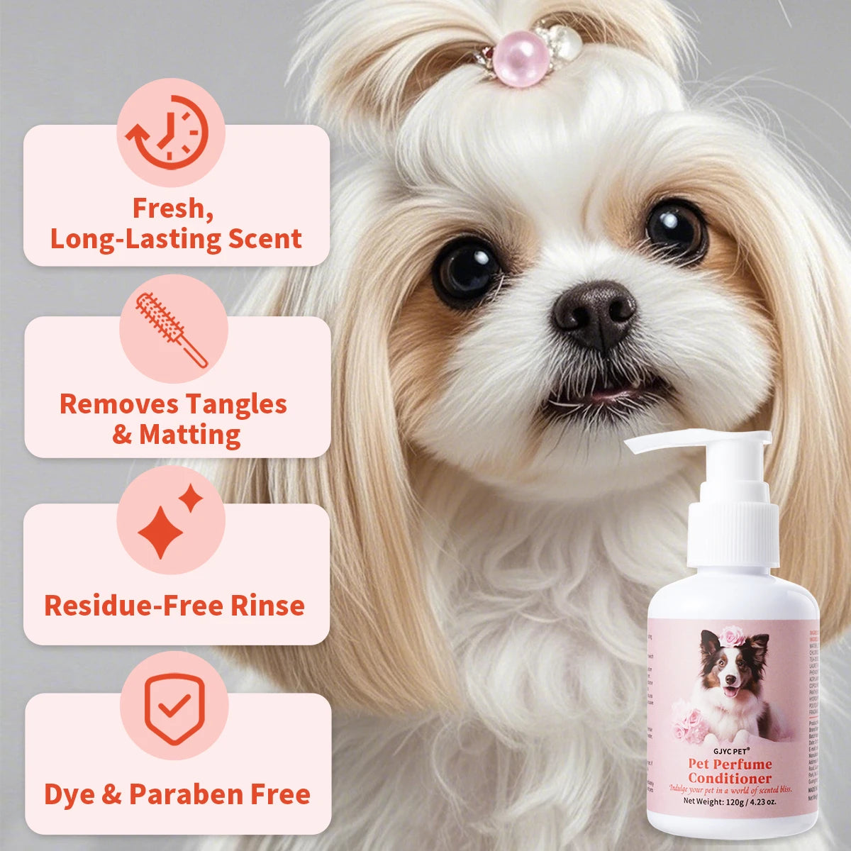 Natural pet conditioner for dogs and cats. Hydrating, detangling formula for a soft, shiny, and fresh-smelling coat.