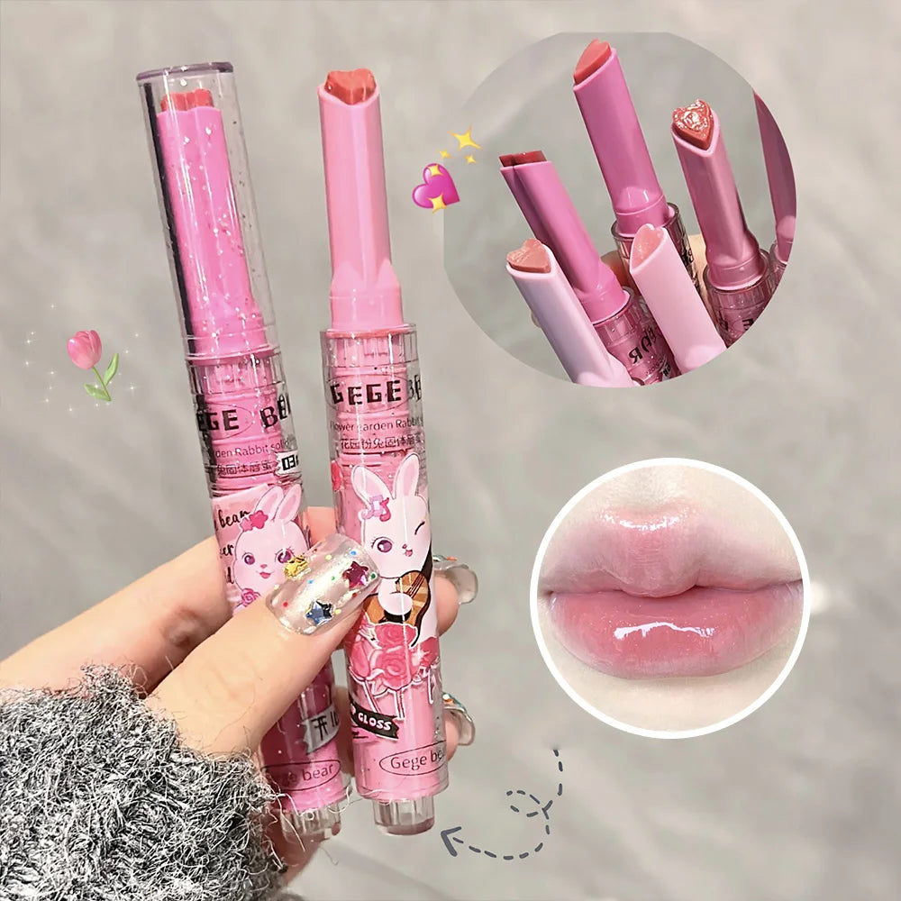 Gege Bear pink rabbit solid lip gloss with heart-shaped balm for a moisturizing, watery, and glossy lip finish.