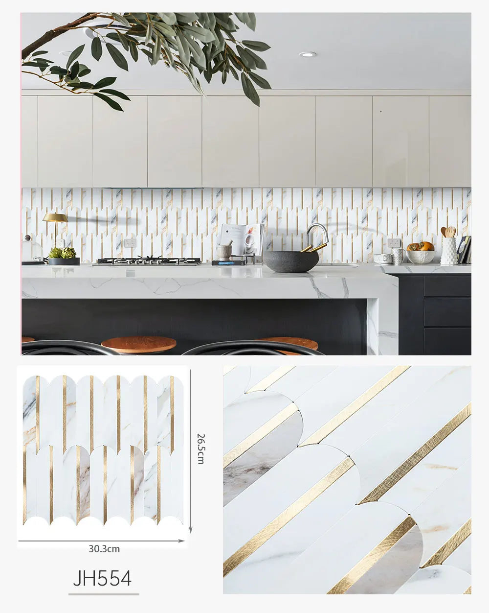 Self-adhesive feather backsplash tiles, white with gold marbled diagonal stripe details