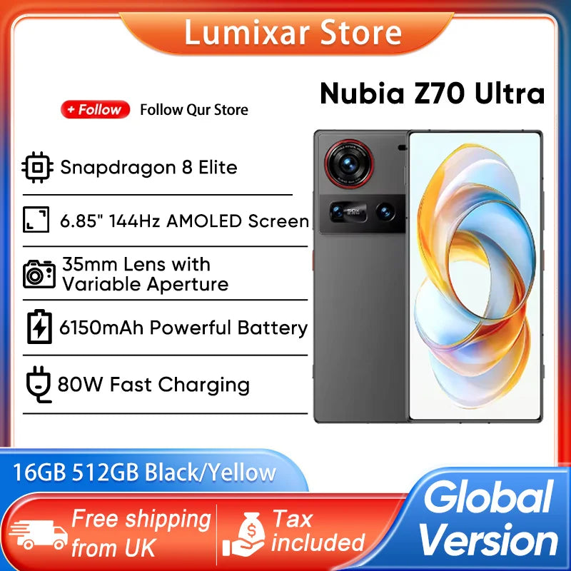 Nubia Z70 Ultra 5G Smartphone, 6.85 inch 144Hz Display, 512GB Storage AE Tidesmit