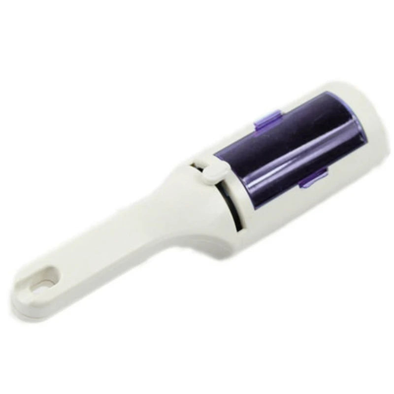 Self-cleaning white and purple pet hair remover brush for efficient cat and dog hair removal from furniture and clothing.