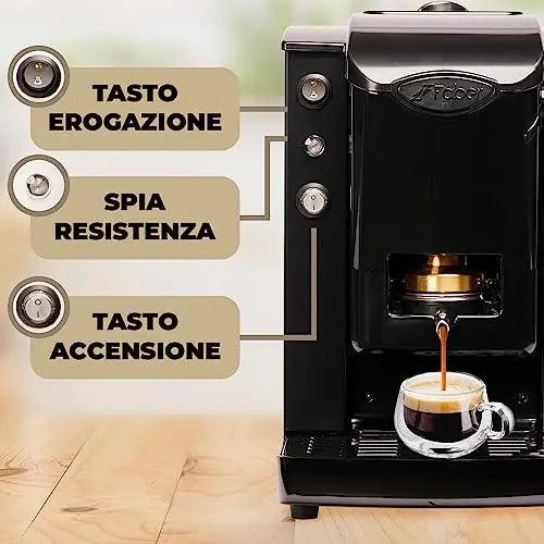 Black Faber pod coffee machine brewing espresso into a glass cup with labels for power, heater, and brew buttons.
