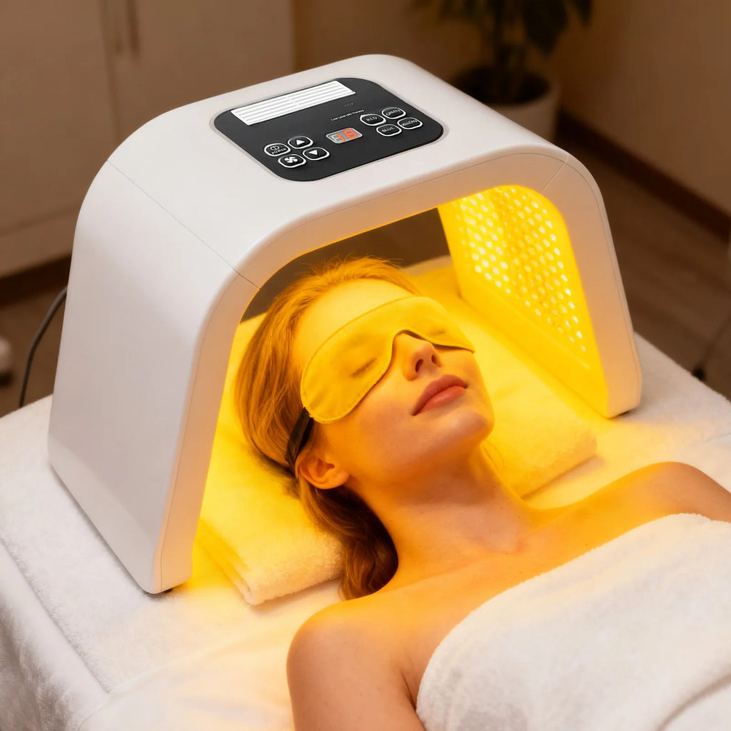 White arched PDT LED light therapy machine emitting yellow light over a woman lying down wearing yellow eye protection.