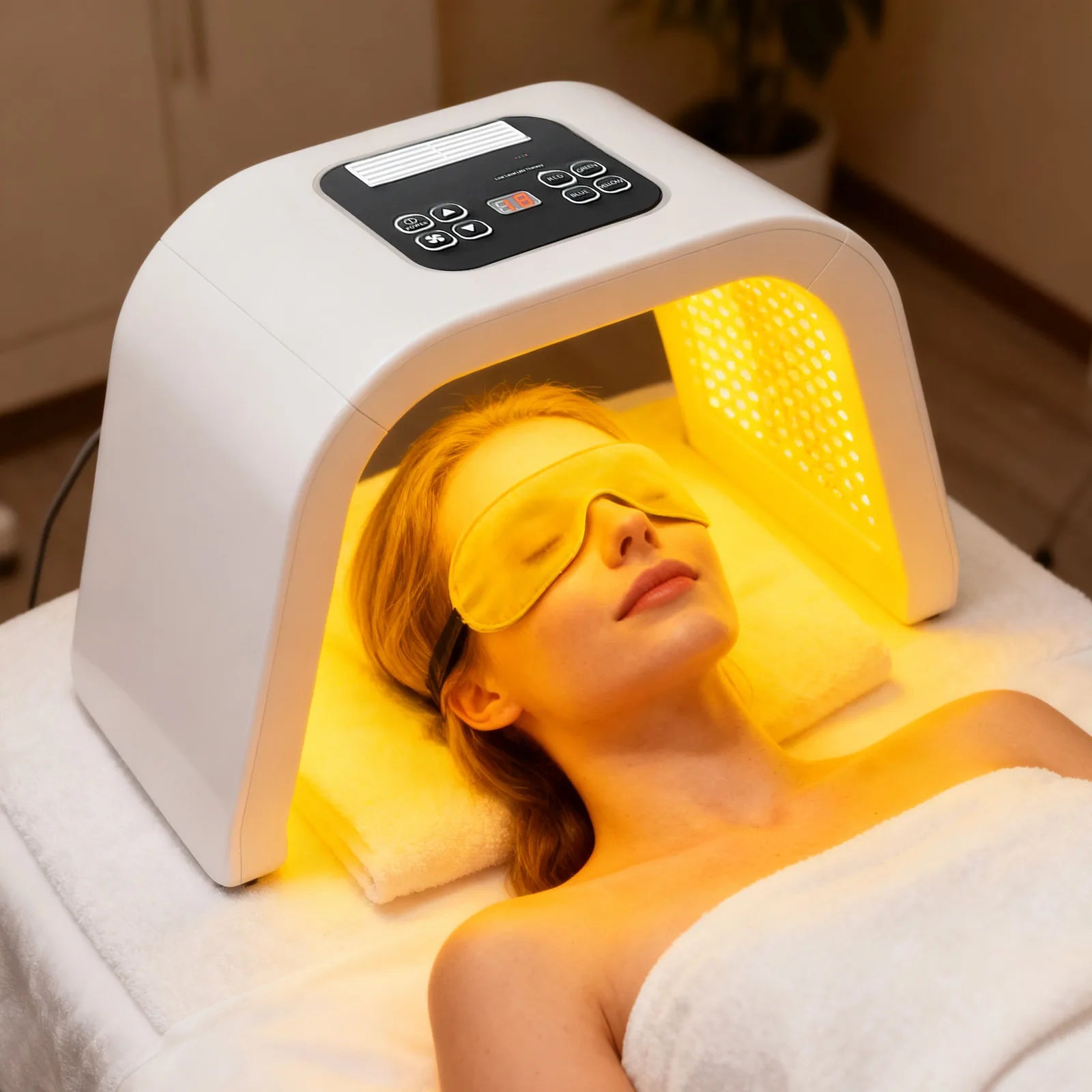 White arched PDT LED light therapy machine emitting yellow light over a woman lying down wearing yellow eye protection.