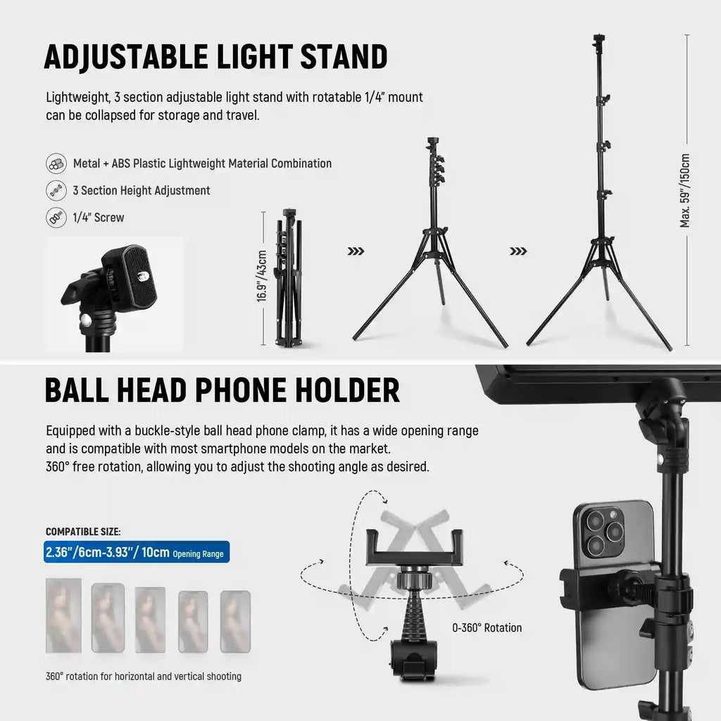 Black, 3-section adjustable metal and plastic light stand extending to 150cm, including a 360-degree ball phone mount.
