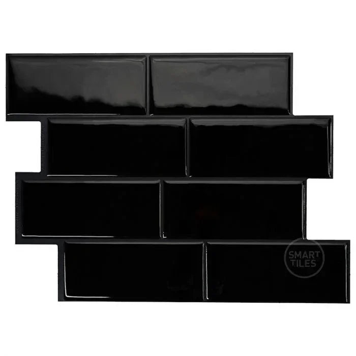 Peel-and-stick backsplash tiles set, glossy black 3D rectangular bricks with beveled edges