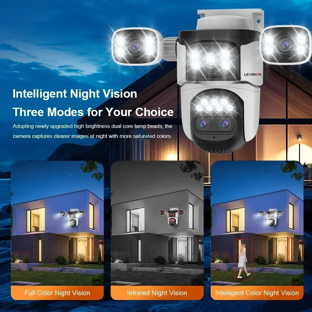 LS VISION Wireless WiFi Camera, 10K, 20MP, Outdoor, 10X Zoom, Four Lens, 720 ° PTZ, Automatic Tracking, Waterproof CCTV Cam