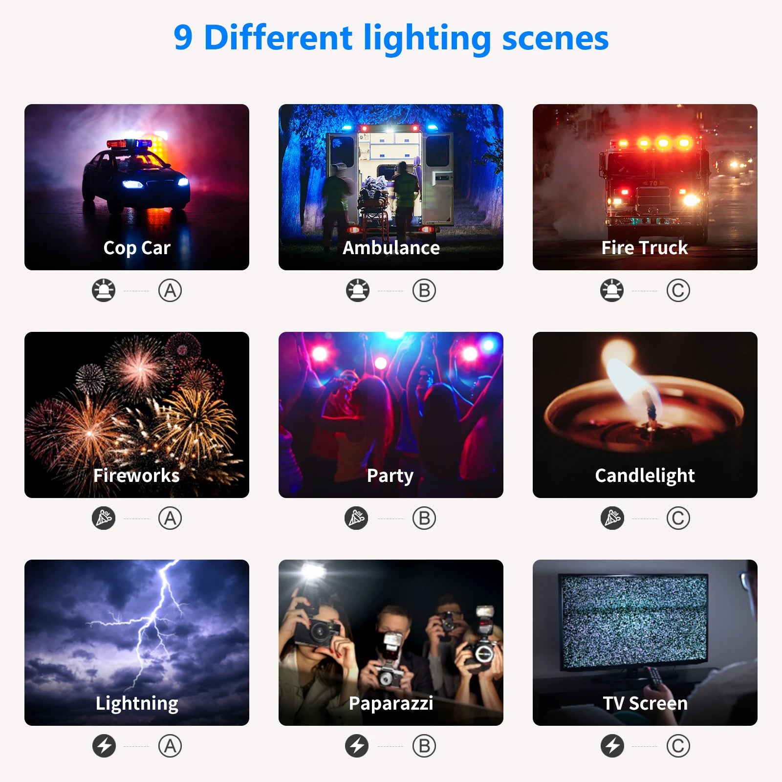 A grid showing nine lighting scene effects for LED lights: cop car, ambulance, fire truck, fireworks, party, candle,