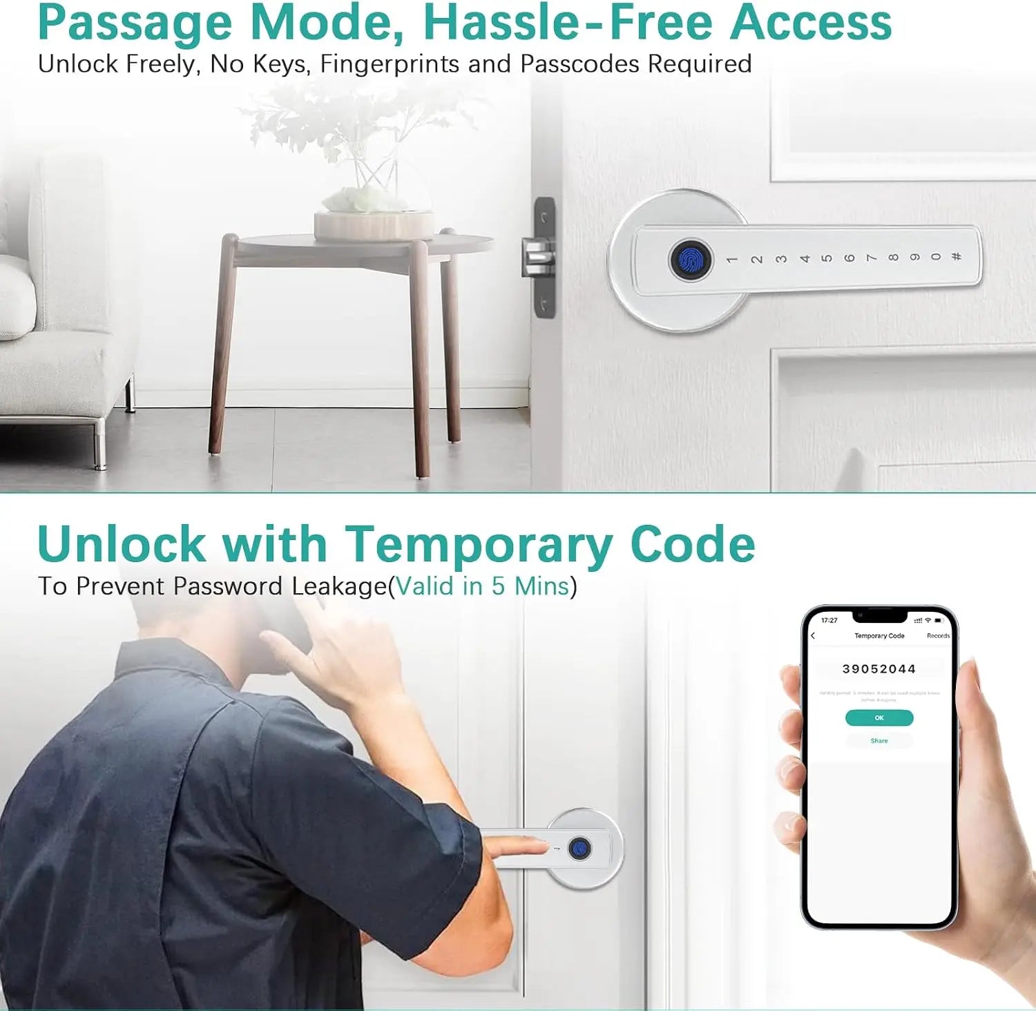 Smart Door Handle Lock with Tuya App Fingerprint PIN RFID Card Mechanical Key Temporary Code for Home Apartment Office
