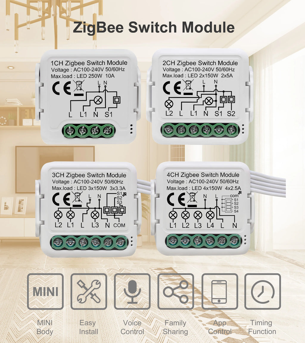 GIRIER Tuya ZigBee 3.0 Switch Module 10A Smart Home DIY Breaker 1 2 3 4 Gang Supports 2 Way Control Works with Alexa Google Home