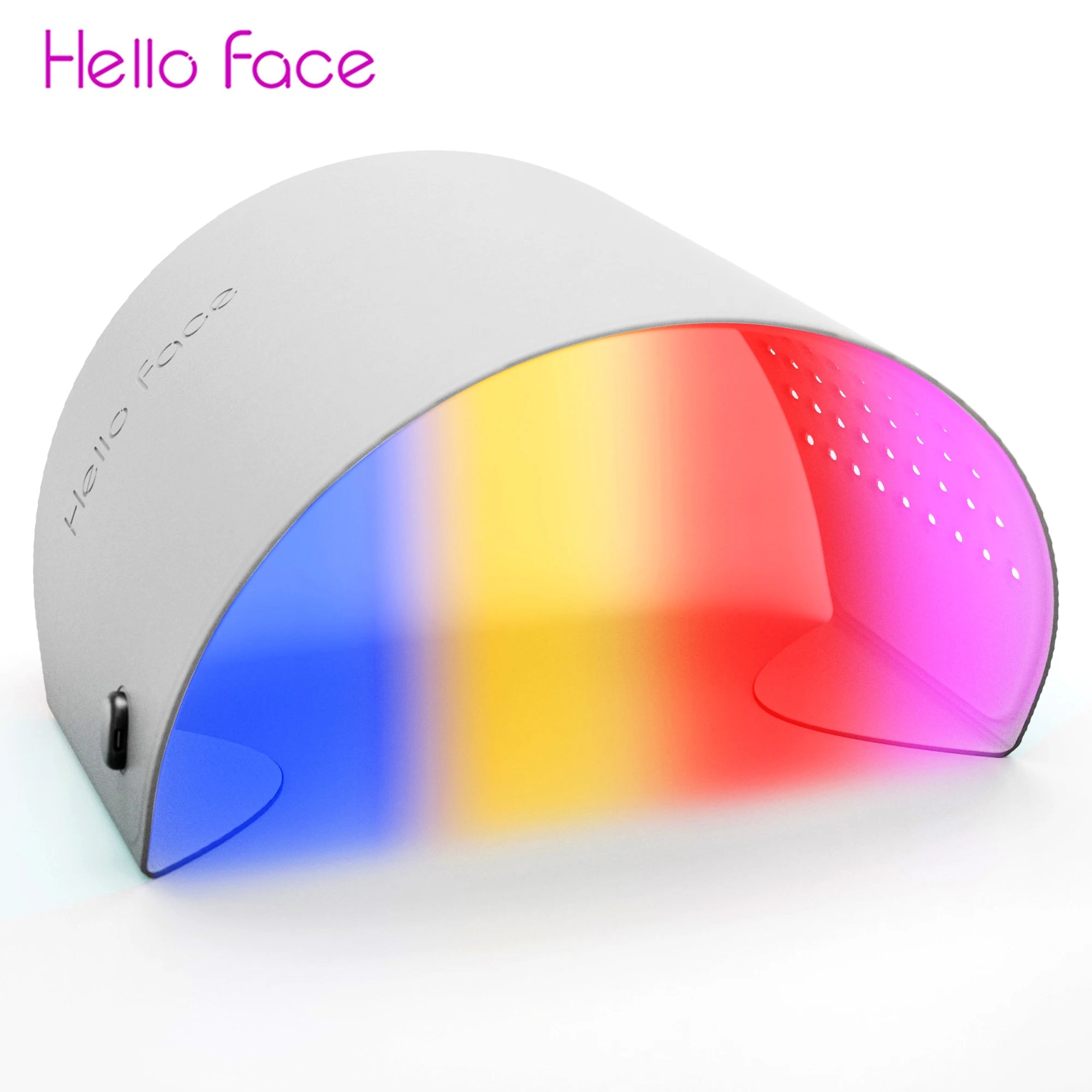White arched Hello Face LED light therapy device with a gradient of blue, yellow, and red light on a white background.