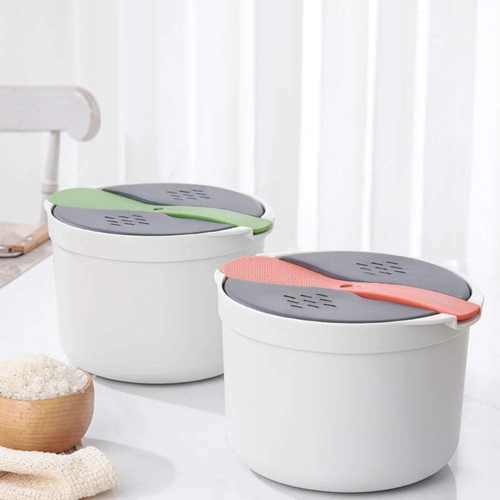 Microwave rice cooker steamer pot set, white with gray vented lid and green/orange accents