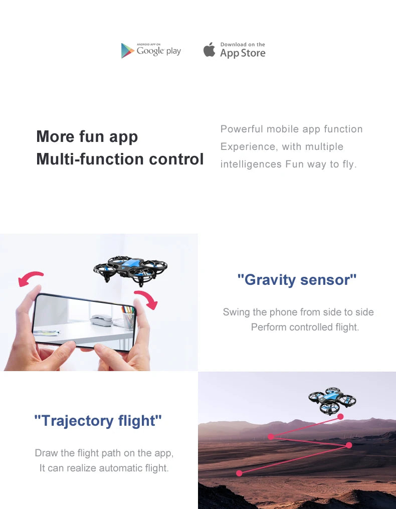 Small blue and black drone controlled by a smartphone app using gravity sensors and custom flight path drawing.