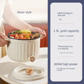 White 1.5L electric rice cooker with glass lid and control knob, three-layer anti-scald pot.