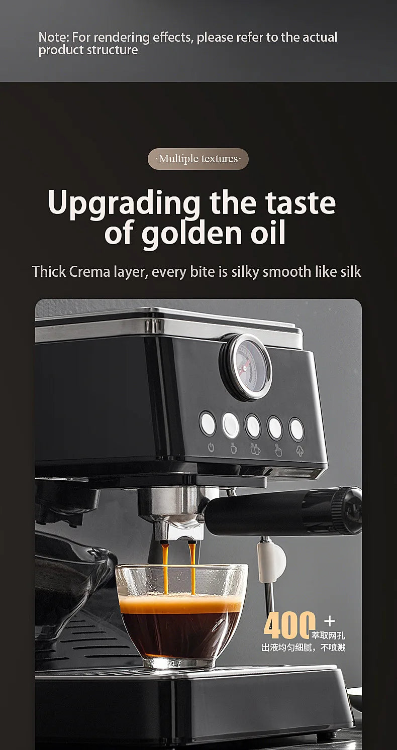 Black espresso machine with integrated pressure gauge, portafilter, and steam wand brewing coffee into a glass cup.