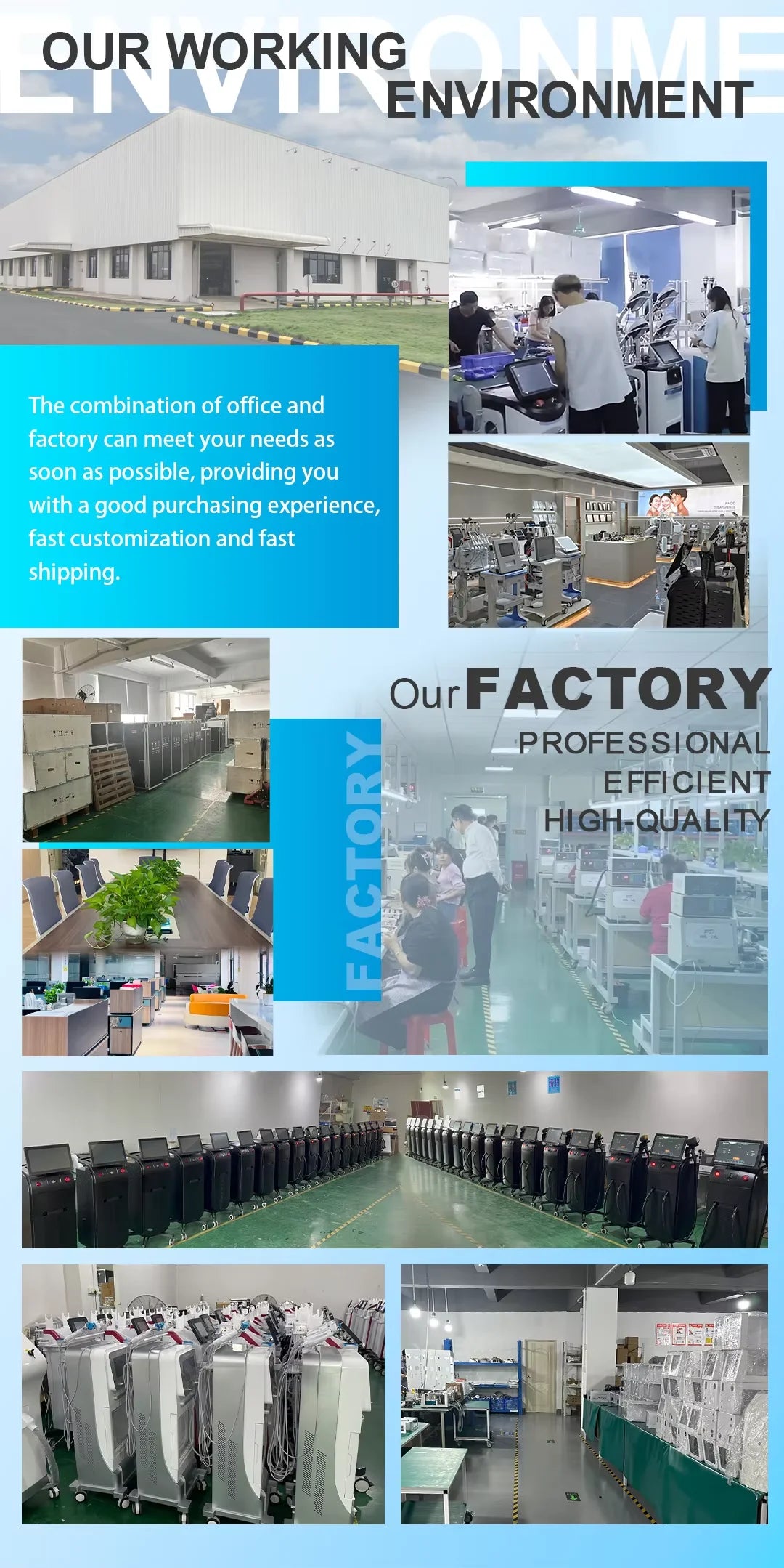Professional manufacturing facility for 3in1 Nano vacuum mesotherapy RF EMS face lifting and wrinkle removal machines.