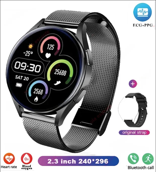 Bluetooth smart watch with black round screen and silver mesh metal strap