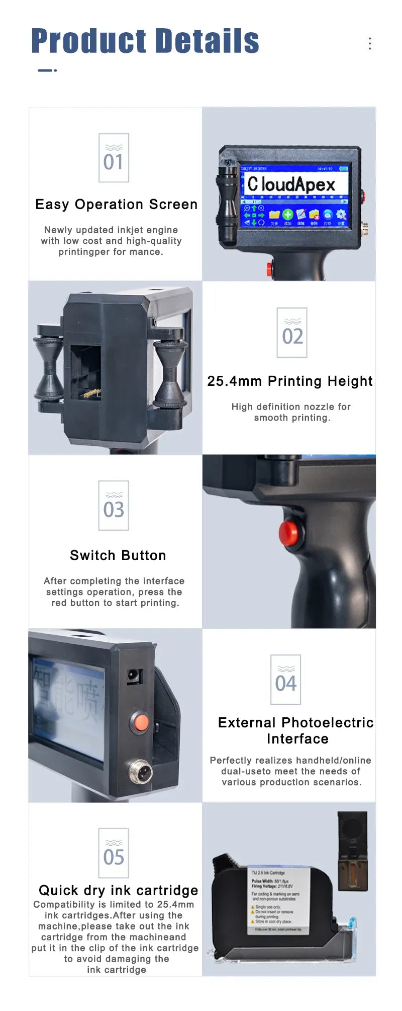 Handheld inkjet printer with touchscreen, cartridge slot and side switch details