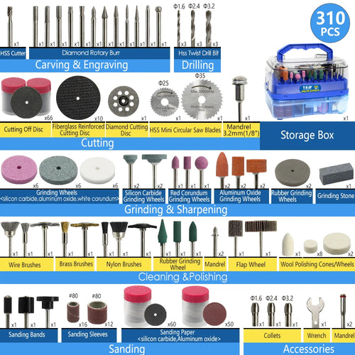Rotary tool bit set infographic showing carving, drilling, sanding, cutting, and storage box