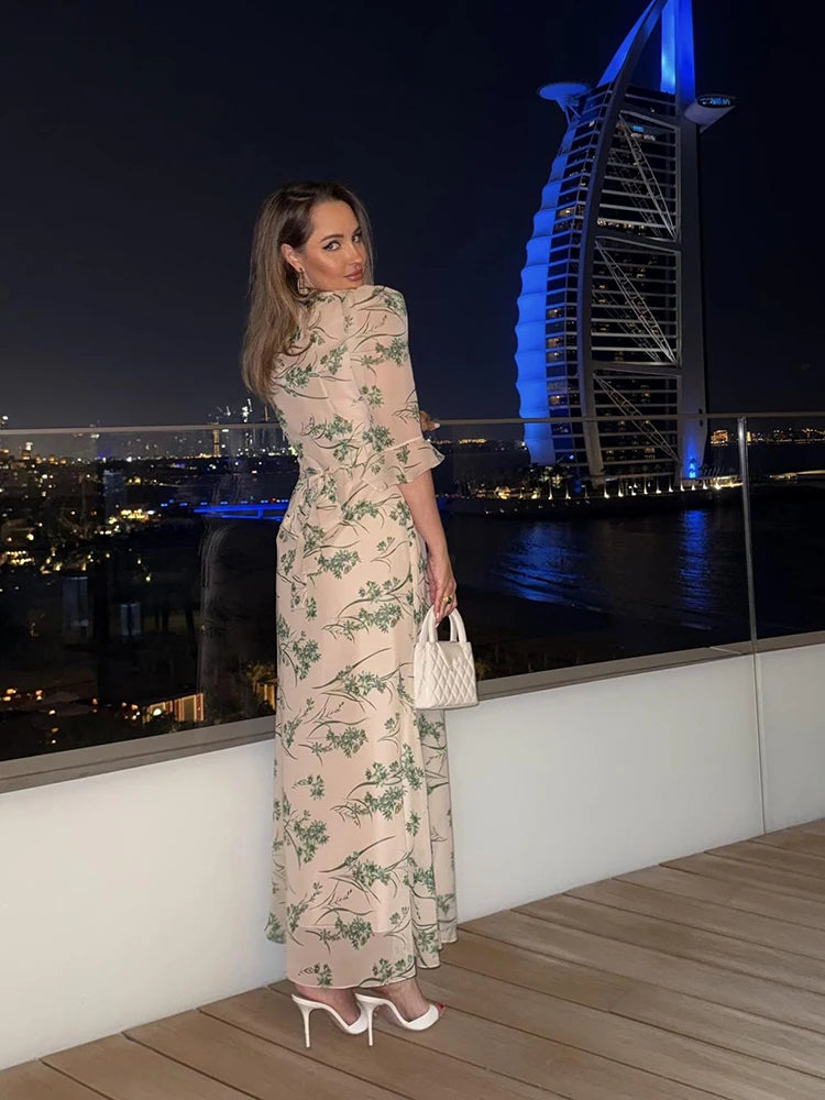 Printed Lace Patchwork Maxi Dress Women V-Neck Half Sleeve Single Breasted Lace Up Long Dresses 2026 Summer All-match Lady Robes