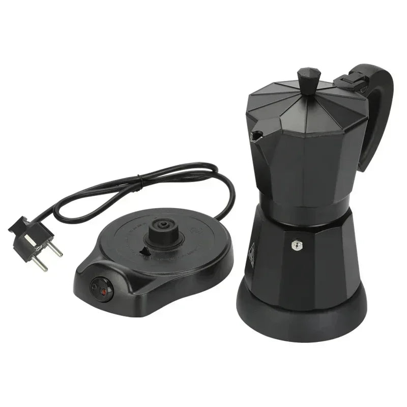 Black electric moka pot coffee maker with base, featuring a classic octagonal design and power switch.