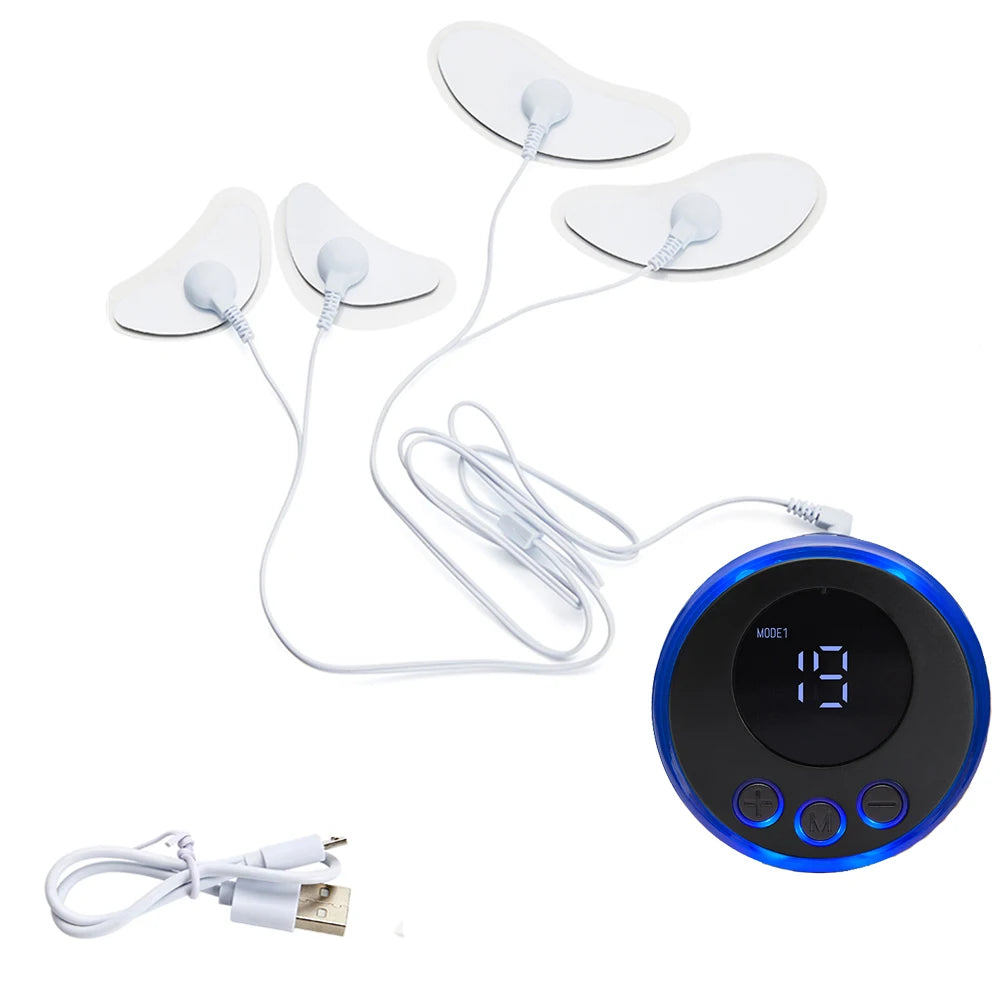 Electric EMS eye beauty massager with electrode pads, digital controller for facial lifting and anti-wrinkle skin care.