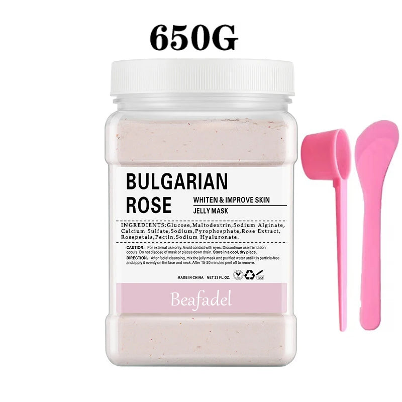 650g Bulgarian rose jelly mask powder jar with pink applicators and scoop
