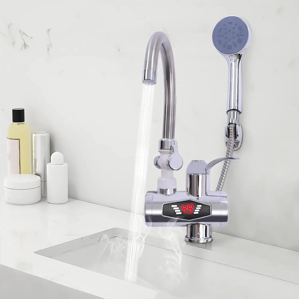 Electric Faucet, Stainless Steel Quick Heating 3000W, Kitchen Faucets with LCD Temperature Display, IPX4 Waterproof, Water Flow Control, EU Standard