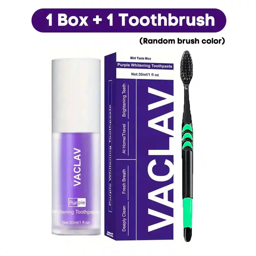 Tidesmit Vaclav purple toothpaste for teeth whitening and yellow stain color correction.