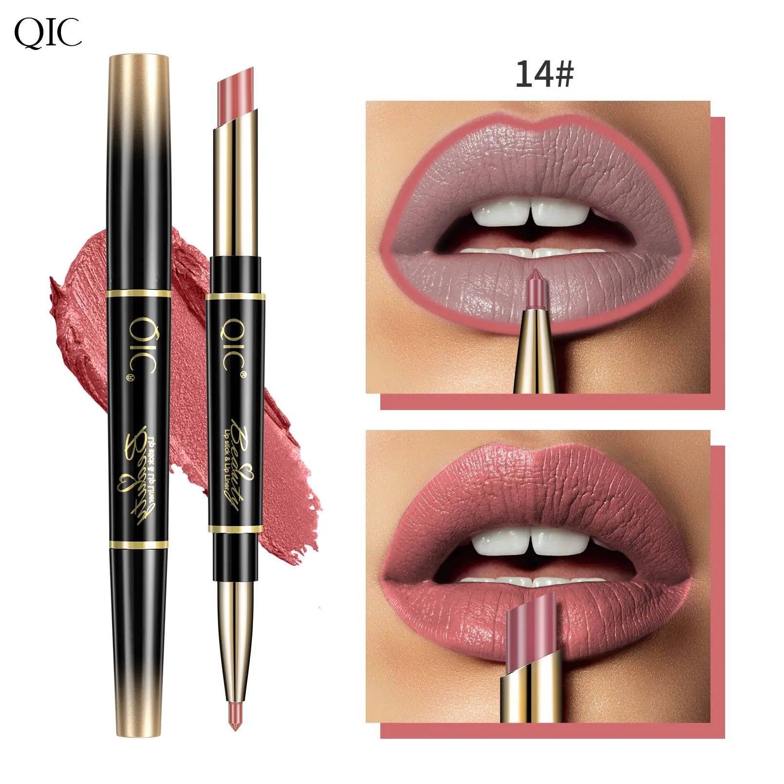 2-in-1 waterproof matte lipstick and lip liner pencil in nude rose shade, long-lasting double-ended lip makeup tool.