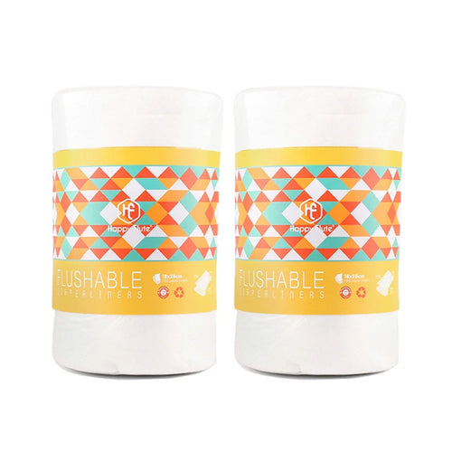Two rolls of Happy Flute flushable diaper liners, 100 count, 18x28cm, eco-friendly baby care essentials.
