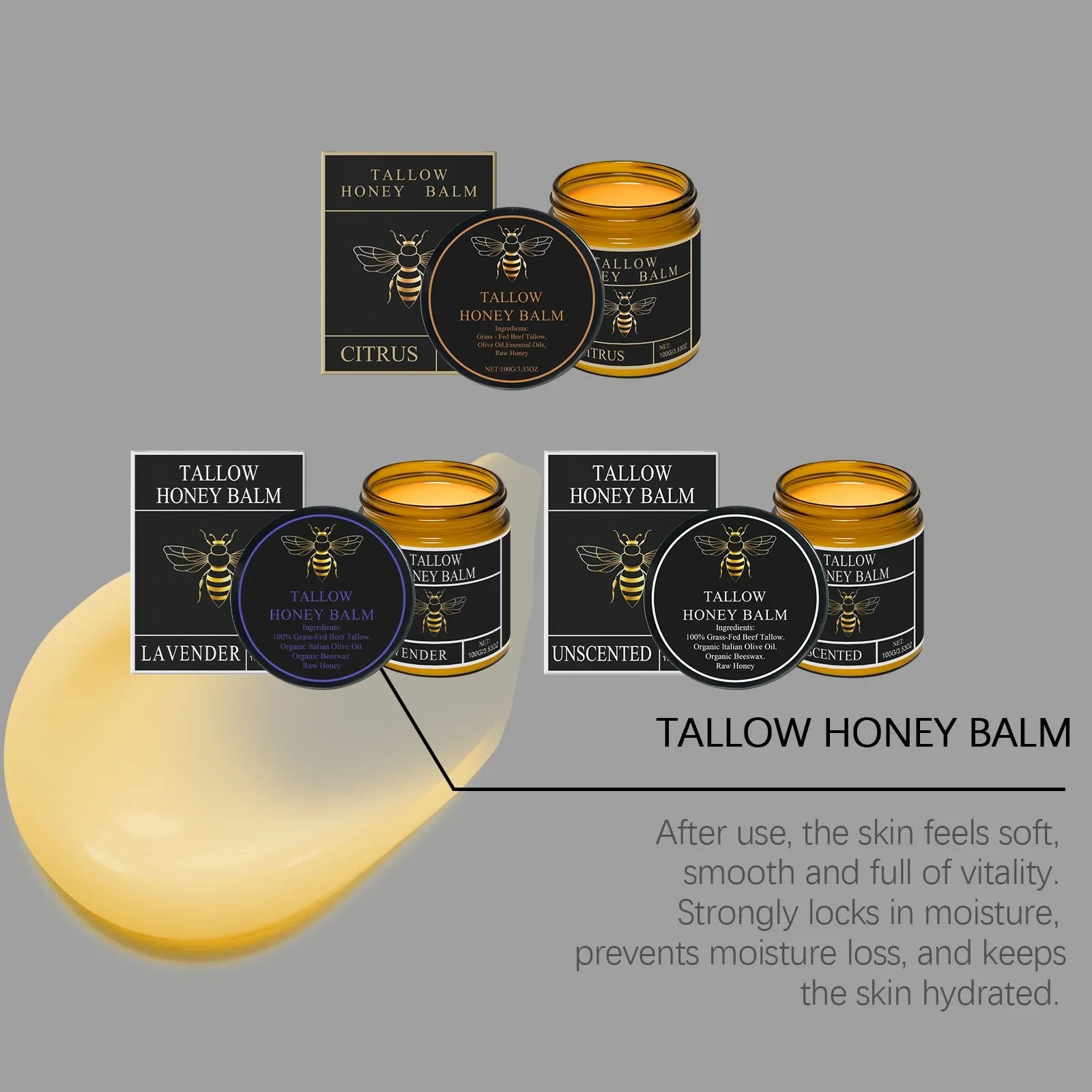 Organic Grass-Fed Beef Tallow Balm With Honey Soothen Nourishing Dry Skin Improves Elasticity Moisturizing Cream For Soft Smooth