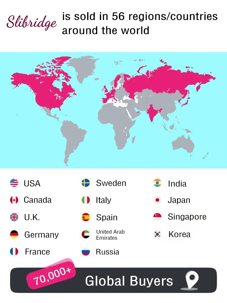 Slibridge hair root conditioner global reach map showing distribution across 56 countries and 70,000+ satisfied buyers.