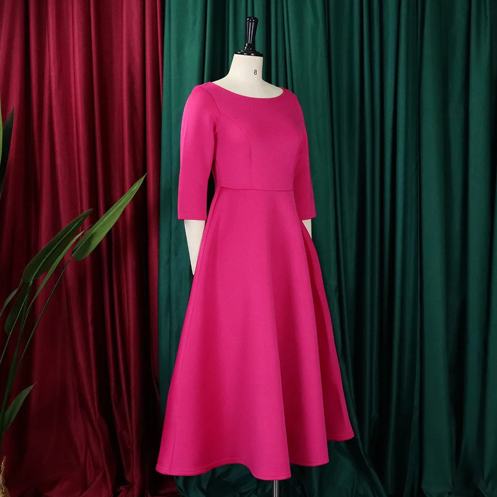 Elegant Pure Color Maxi Dress Evening Gown A- Line Skirt Polyester Fabric round Neck Short Sleeve High Waist Midi Dress